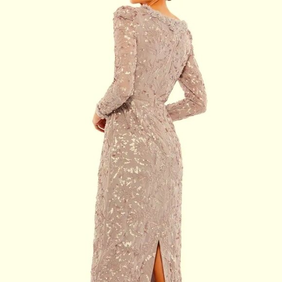 Mac Duggal Mauve Floral Ruffle Neck Long Sleeve Sequin Midi Dress - Picture 3 of 5